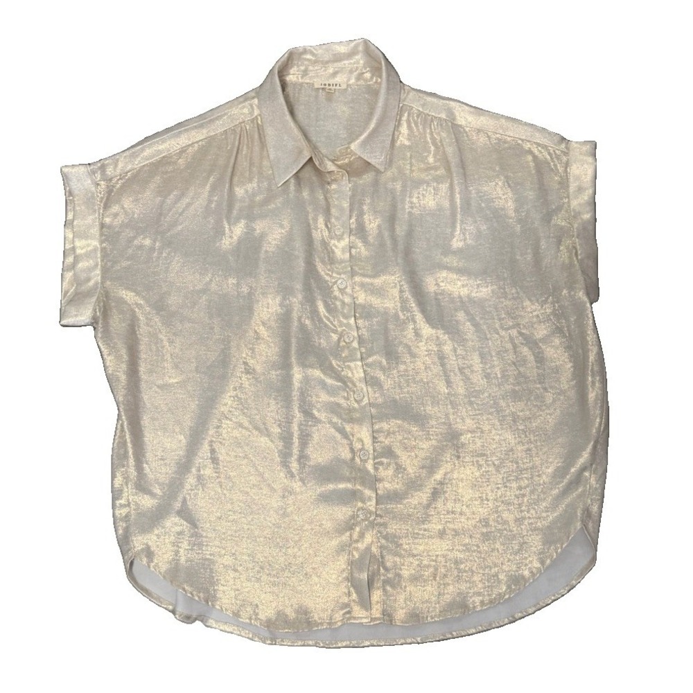 Jodifl Womens Medium Metallic Silver Gold Shimmer Button Up Blouse Short Sleeve